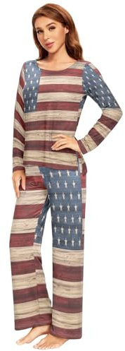 Ksajwzf Damen-Pyjama-Set, USA-Flagge, Cooles, modernes Pyjama-Set, langärmelig, Oberteil, Hose, 2-teilig, Loungewear, Nachtwäsche, weiche Nachtwäsche, Multi, L