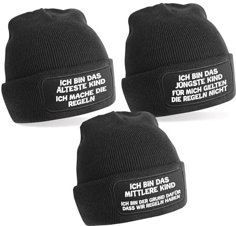 Generisch 2er oder 3er Set One Size Beanie, Mütze mit Spruch: Das Jüngste, Das Mittlere, Das Älteste Kind - Regeln der Familie (DE/NL/SE/PL, Alphanumerisch, Einheitsgröße, 3er Set Mützen schwarz)