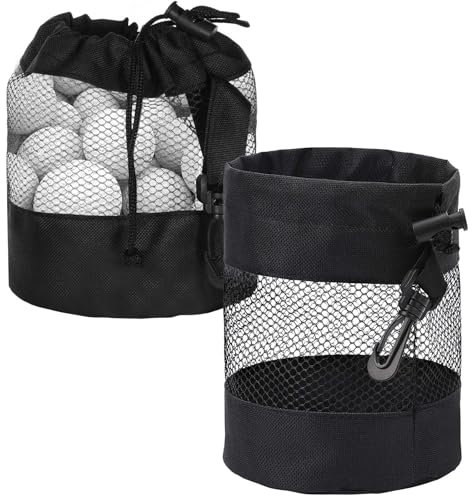 Grevosea 2 Pcs Golf Ball Bags, Nylon Mesh Golf Ball Bag with Drawstring, Black, 14cm x 14cm x 16.5cm