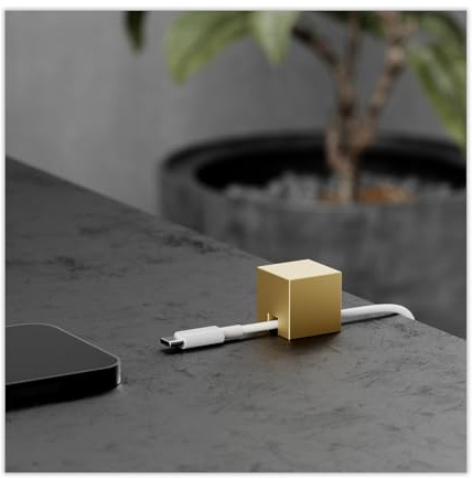 Metal Cable Holder, Weighted Cord Organiser or Management, Heavy Wire Keeper for Bedside Table, Nightstand, Desk - N2U Cube Cables Strap for Phone USB-C, Lightning Charger Cords (Gold - 1 PCS)