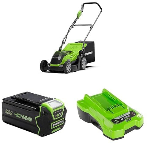 Greenworks Tagliaerba a Batteria Ampiezza di Taglio 35cm, SENZA Batteria e Caricabatterie G40LM35+ Greenworks Batteria 40V 5Ah - G40B5 + Greenworks 40V 2A Caricabatteria rapido G40C