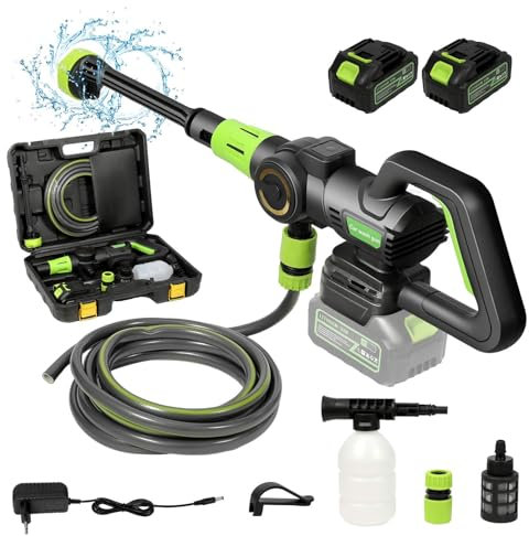 Hidrolimpiadora Sin Cable 2 Baterías, 120 Bar Portatil Pistola Agua Presion, Boquilla Multiusos 6 en 1, Manguera de 5 m, Ideal para Limpiar Suelos de Jardines de Vehículos