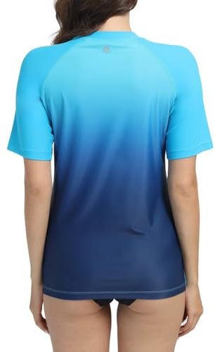 SURFEASY Women's UV Rash Vest UPF 50+ Rash Guard Quick Dry Beach Swim Shirt Swimming Wetsuits Tops Swimsuits Short Sleeve(Navy Gradient/Blue,L)