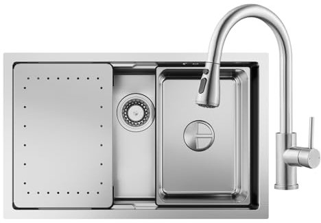 CECIPA Fregadero de cocina de 70 x 45 cm con grifo extensible, de acero inoxidable, incluye sifón, fregadero de repuesto y tabla de cortar, fregadero de cocina con grifo