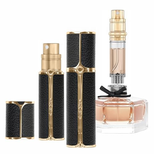 muilsae BF01BKG Leather Perfume Bottle 10ml – Bottom-Fill Refillable Dispenser, Leak-Proof & Portable for Men & Women, Ideal for Travel, Gifting & Daily Use (Black Gold)