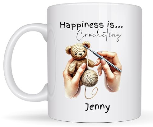 Personalised Crocheting Mug – Custom Name Ceramic Coffee Cup – Crochet Lover Gift with Yarn & Hook Design – Cute Crochet Gift for Women & Crafters