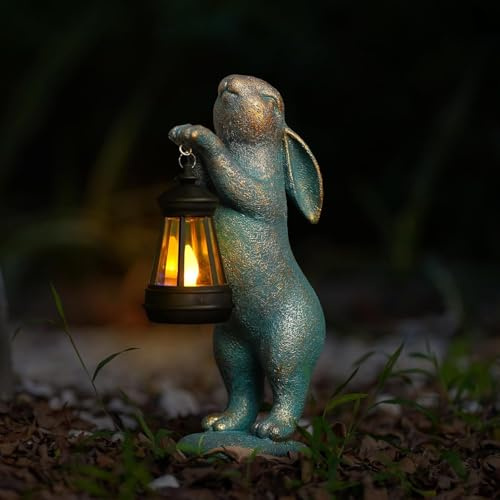 Yuehuamech Kaninchen Statue Solar Garten Ornamente Harz Kaninchen Figur Dekorationen mit Solar-Laterne Tier-Skulptur für Outdoor-Garten Terrasse Rasen Hof Balkon Home Decor 9,1x3,1x3,5