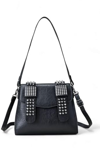 Ro Rox Gothic Handbag - Studded Punk Bag, Black Faux Leather Shoulder Purse