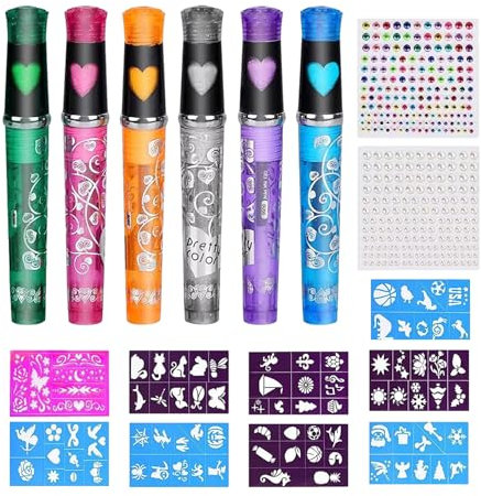 Face Paint Crayons - Body Paint Sticks, Water-Based Markers | 6-Color Face Painting Kit with 9 Reusable Stencils, Washable Makeup Crayons for Kids, Safe for Sensitive Skin, Parties & Events