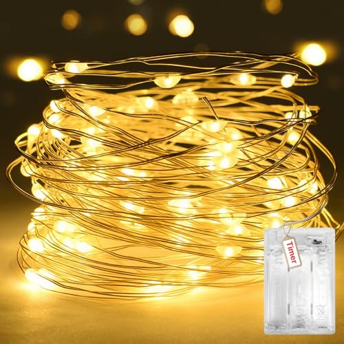 Peasur Battery Fairy Lights Indoor with Timer, 3M 30LED Twinkle String Lights with 2 Modes, Silver Wire Christmas Lighting Waterproof for Bedroom Wedding Party Decorations, Warm White