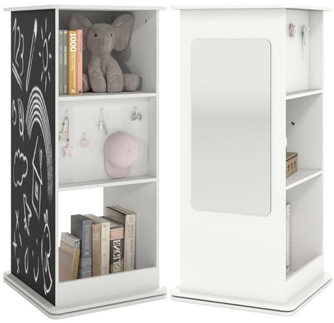 COSTWAY Bücherregal Kinder drehbar, Kinderregal mit Tafel & Spiegel, 3-stufiges Kinderbücherregal mit 8 Haken & offenen Fächern, Drehregal Spielzeugregal für Kinderzimmer, Wohnzimmer & Spielzimmer