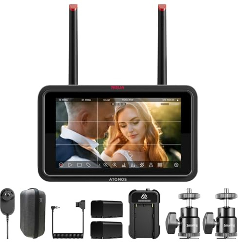 Atomos Ninja TX GO - Monitor de cámara de 5 pulgadas, HDMI CFexpress Wi-Fi, pantalla táctil HDR con kit de alimentación universal Atomos y soporte de zapata de cámara de aleación de aluminio de 1/4
