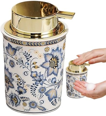 Schäumender Handseifenspender, Bezaubernder floraler Vintage-Seifenspender aus Keramik mit Pumpe für Badezimmer, 8, 8 oz, Blau, Vintage
