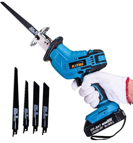 KATSU FIT-BAT Cordless Mini Pruning Reciprocating Saw 21V with 2.0Ah Li-ion Battery and Charger, 4pcs Blades Included