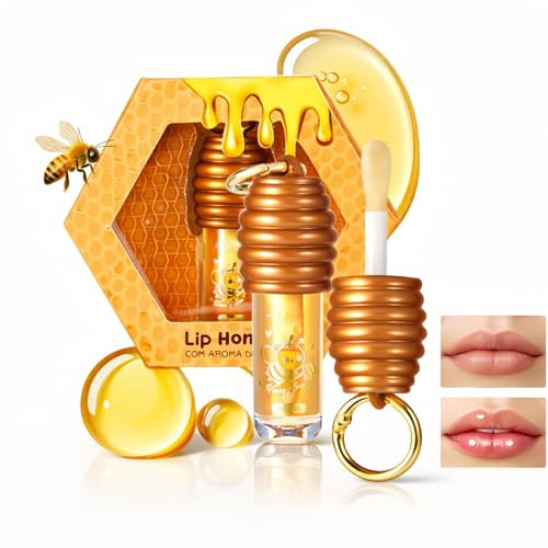Honey Lip Oil,Cute Honey Hydrating Lip Oil,Hydrating Lip Balm & Gloss,Clear Lip Gloss Keychain for Girls,Hydrating Long Lasting Plumping Lip Oil,Non-Sticky Lip Glow Balm Lip Care,Moisturizing