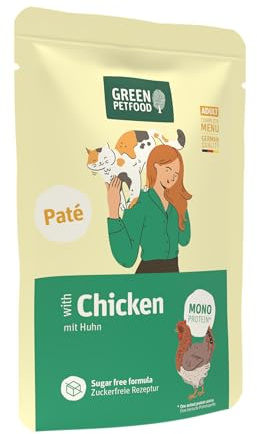 Green Petfood Paté mit Huhn | 8X 85g | Adult | Premium Katzenfutter nass | Huhn (Monoprotein) | Getreidefreies Nassfutter für erwachsene Katzen im Frischebeutel | 70% Fleisch | sehr gut verträglich