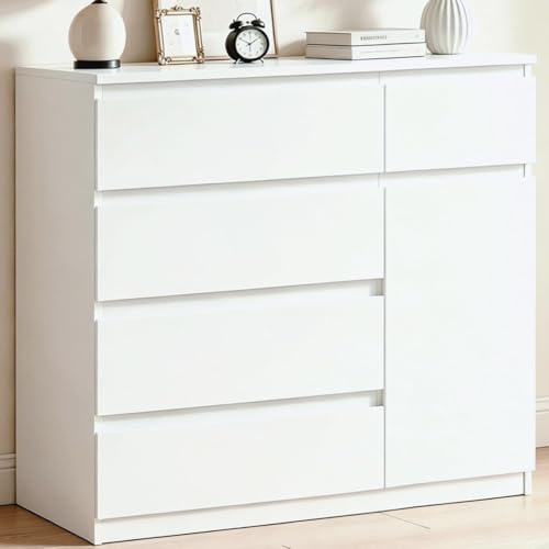 YOUDENOVA Cómoda con 5 Cajones y 1 Puerta, Blanca Madera Cómoda para Dormitorio Pasillo Salón, Cómoda Armario 40 cm Fondo, Cómoda con Cajones 90 cm Ancho, Mueble Moderno, 90 x 40 x 75 cm