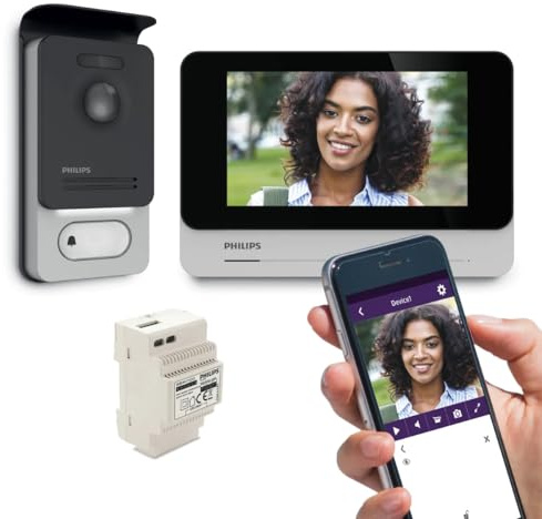 Philips WelcomeEye Connect - Kit videocitofono connesso 2, monitor touch 7, platino RFID, trasformatore DIN 230V, app smartphone, visione notturna 130°