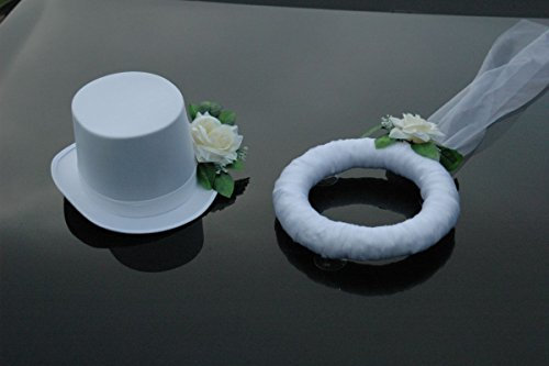 Schleier UND Hut Autoschmuck Rose Car Dekoration Hochzeit Wedding ®Auto-schmuck (Ecru/Weiß)