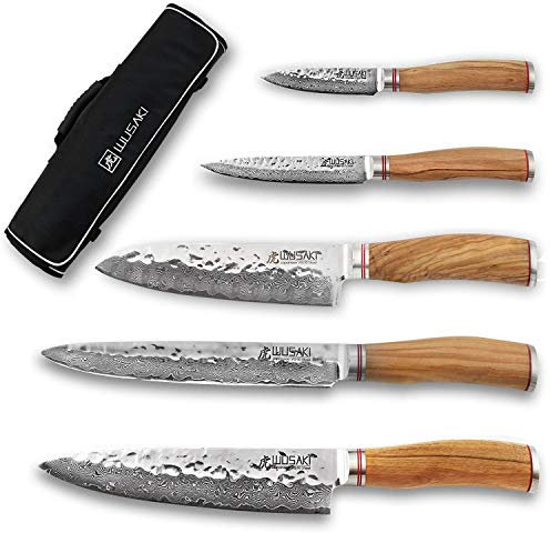 Wusaki Damas 10Cr Mallette de 5 couteaux de cuisine, acier 10Cr, lames damassées, manches en bois d'olivier