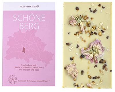BIO Stadtteil Schokolade Berlin SCHÖNEBERG, Preussisch süß, Weiße Schokolade mit Krokant und Rose, 50g