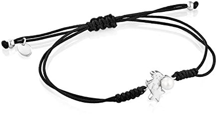 TOUS Schwarzes Seilarmband für Damen mit massivem Silbermuster und Perle, 23 cm lang, zart und elegant, Nocturne Kollektion