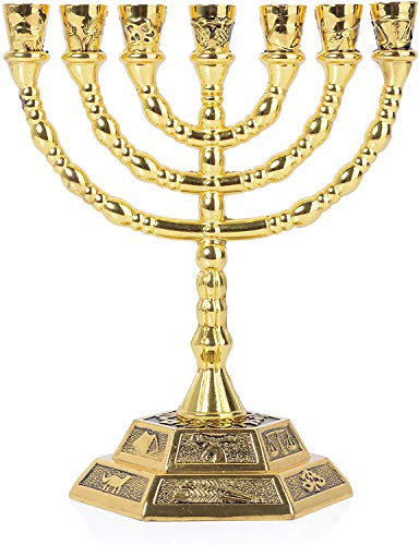 Jerusalem Menora mit 12 Stämmen von Israel, 7 Zweige, goldfarben, 20,3 cm