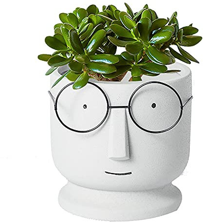 Visage Cache-pot Jardinière Ciment Pots De Fleurs,Petit Céramique Succulente Pot,Créatif Lunettes Visage Pots De Plantes Pots De Cactus Pour Accueil Bureau Mariage Décor-Blanc gris 10x10x12.4cm(4x4x5i