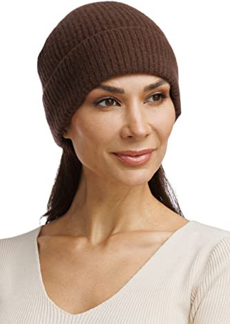 Fishers Finery Damen Beanie mit Bündchen aus 100 % Kaschmir, Braun, Einheitsgröße