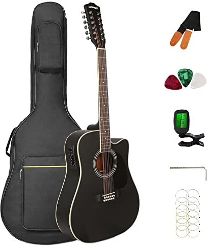 JANEROCK Guitarra de 12 cuerdas, guitarra acústica-eléctrica de 12 cuerdas, guitarra con recorte, paquete con bolsa de transporte, afinador, cuerdas, correa, púas