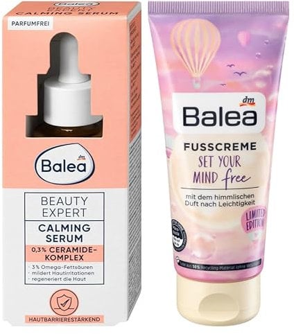 Balea 2er-Set Gesichts- & Hautpflege: Beauty Expert CALMING SERUM mit Ceramiden (30 ml) + Fußcreme SET YOUR MIND free mit himmlischem Duft nach Leichtigkeit (100 ml), 130 ml