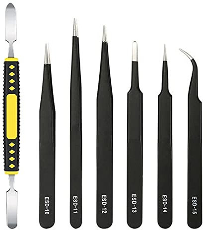 Cdemiy Pinzas Precision, 7 Pcs Pinzas de Precisión Kit, Tweezers ESD Anti-Estáticas de Acero Inoxidable, Pinzas Modelismo para Mantenimiento, Reparación, Electrónica de Laboratorio, Joyería