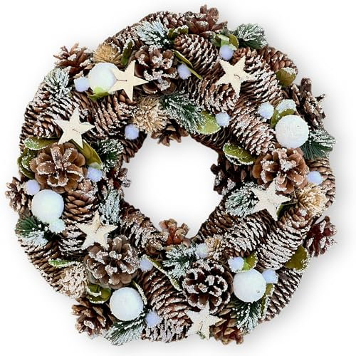 MIJOMA Weihnachtskranz Tannenzapfenkranz - Wunderschöne Winterliche Dekoration für Wand und Tür - Handgearbeiteter Adventskranz mit echten Tannenzapfen, künstlicher Tanne und Beeren (weiß/grün)