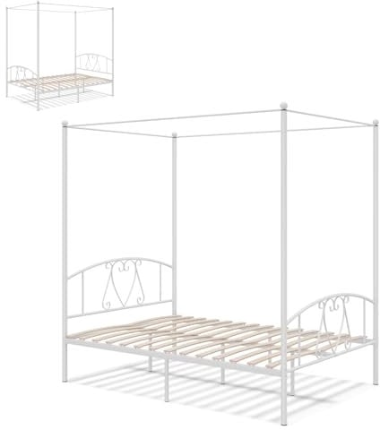 Multigot Canopy Bed Frame, Double Metal Bed Base with Elegant Headboard & Footboard, Modern Slat Support Bedstead for Adults Kids, No Box Spring Needed (White)