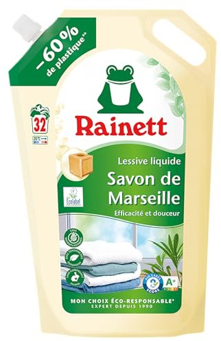 RAINETT - Lessive Liquide - Tensioactifs d'Origine Végétale - Efficace Dès 20° - Ecolabel - Savon de Marseille - 32 Lavages - Éco-Recharge 1,6 L