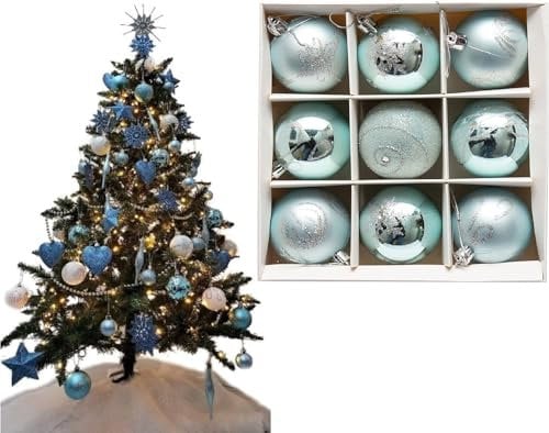 UKDD® Set of 9 Premium Baubles Luxury Christmas Tree Bauble Decorations Matte, Glitter, shiny Baubles (Ice Blue)