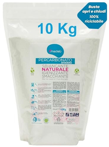Percarbonato di Sodio per Bucato Puro (10 Kg, 1200 Lavaggi) Smacchiatore Bucato ad Azione Sbiancante, Igienizzante Naturale, Antimuffa per Muri Interni, Busta Richiudibile 100% Riciclabile