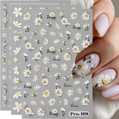 5pcs Geprägte Gänseblümchen Nagelsticker Selbstklebend Blumen Nagelaufkleber Gänseblümchen Schmetterling Nagel Sticker Nageldesign Aufkleber Nägel Zubehör Blume Nail Sticker Flower Nail Art Stickers