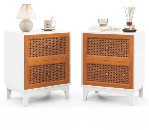 COSTWAY Mesitas de Noche de Madera Ratán, Mesillas de Noche Dormitorio Bohemia con 2 Cajones, Patas de Madera Pino, Mesa Cabecera Dormitorio, 46 x 33 x 59,5 cm, Blanco y Marrón (2)