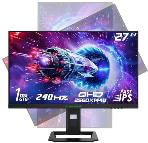 TITAN ARMY 27 Monitor Gaming 240Hz 2K, FAST IPS, QHD 2560 x 1440p Vertical Monitor, 1ms GTG, HDR400 134% sRGB, FreeSync y G-sync Monitor de Computer, Cuidado de Los Ojos, VESA, DP, HDMI, P2710S