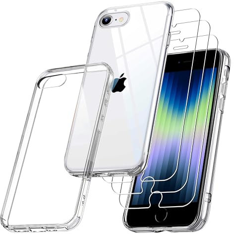 RKINC Coque pour iPhone SE 3 2022, SE 2 2020, avec 3 Films de Verre Trempé Armor, ne jaunissant jamais Norme Militaire, résistante aux Chocs et aux Rayures Coque de Protection Transparent