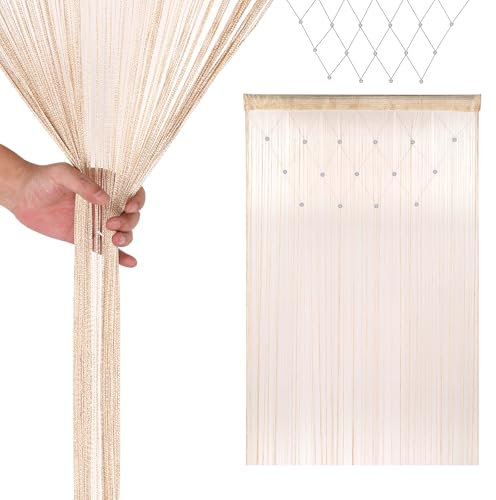 Trimming Shop Glitter Beaded String Curtains Polyester Fly Screen Room Divider Fringe Panel Spaghetti Tassel Curtain Decorative for Doorway, Windows & Event Decoration, 200cm x 100cm, Champagne