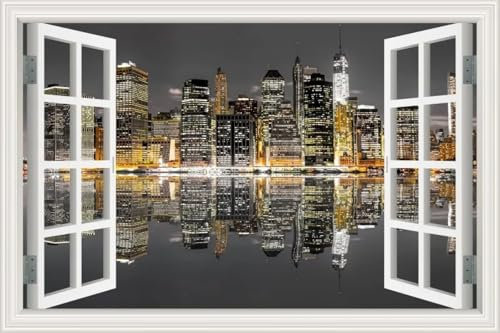 City Buildings Night View 3D Adesivi murali decorativi per finestre 70 x 50 finta finestra murale carta da parati PVC adesivi carta da parati facile da applicare e rimuovere