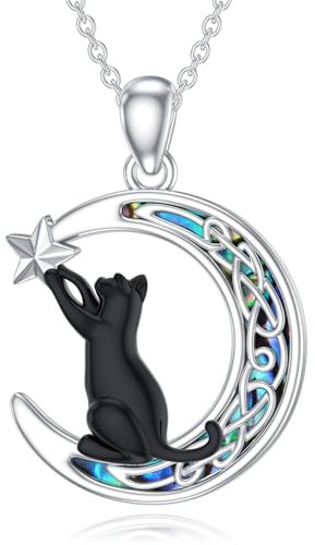 Katzen Kette 925 Sterling Silber Keltischer Mond Katze Anhänger Abalone Halskette Schwarze Katze Schmuck Geschenke für Frauen Mädchen Damen