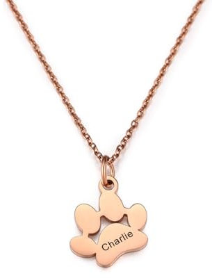 MeMeDIY Personalisierte Hund Pfote Halskette mit Eingraviertem Namen Pfoten-Halskette aus Edelstahl/925er Sterlingsilber 1-4 Katzen Pfoten-Halskette Haustier-Gedenkschmuck (Rose Gold 1)