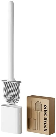 Brosse WC en silicone avec support, brosse WC à poils flexibles, brosse de toilette au sol/au mur, brosse de nettoyage pour la maison et la salle de bain, blanc