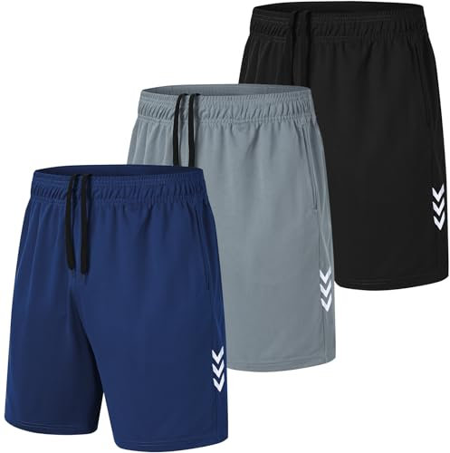 kuzwufs Herren Jogginghose Kurze Lauf Sport Shorts Polyester Training Fußball Hose 3er Pack Kurze Dry Fit Gym Basketball Shorts Schwarz/Grau/Navy-XXL