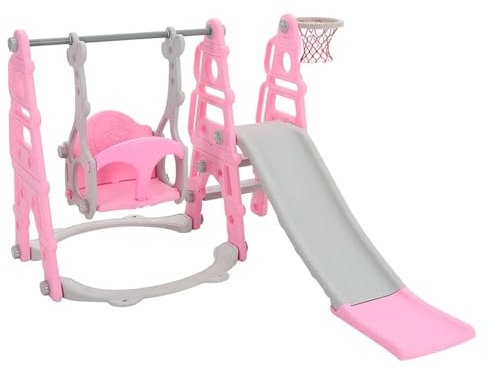 Neo 4-in-1 Children's Kids Playset Toddler Slide Climber Swing Playground Play Set Basketball Hoop Climb Stairs Indoor and Outdoor Adventure (Pink)