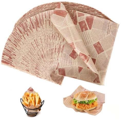 Greaseproof Sheets,200 PCS Oil Proof Food Grade Wrap,Sandwiches Old Newspaper Style Burger Cheese Wrapping Papers Baking Paper for Burgers,Sandwiches,Chips,Air Fryer & Food Packaging (20x30cm)