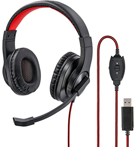 Hama USB Headset, Over Ear Kopfhörer mit Mikrofon (Headset mit Lautstärkenregler und verstellbarem Mikrofonarm, für Videokonferenzen, Homeoffice, Callcenter, eLearning, USB-A-Stecker) schwarz, rot